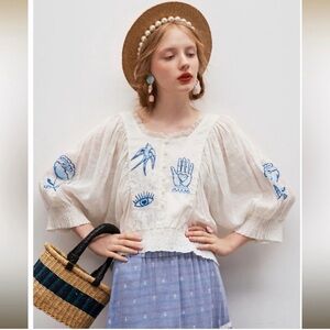 Unlogical Poem Silk Ramie Hand Embroidered Batwing Sleeve Ruffle Top
